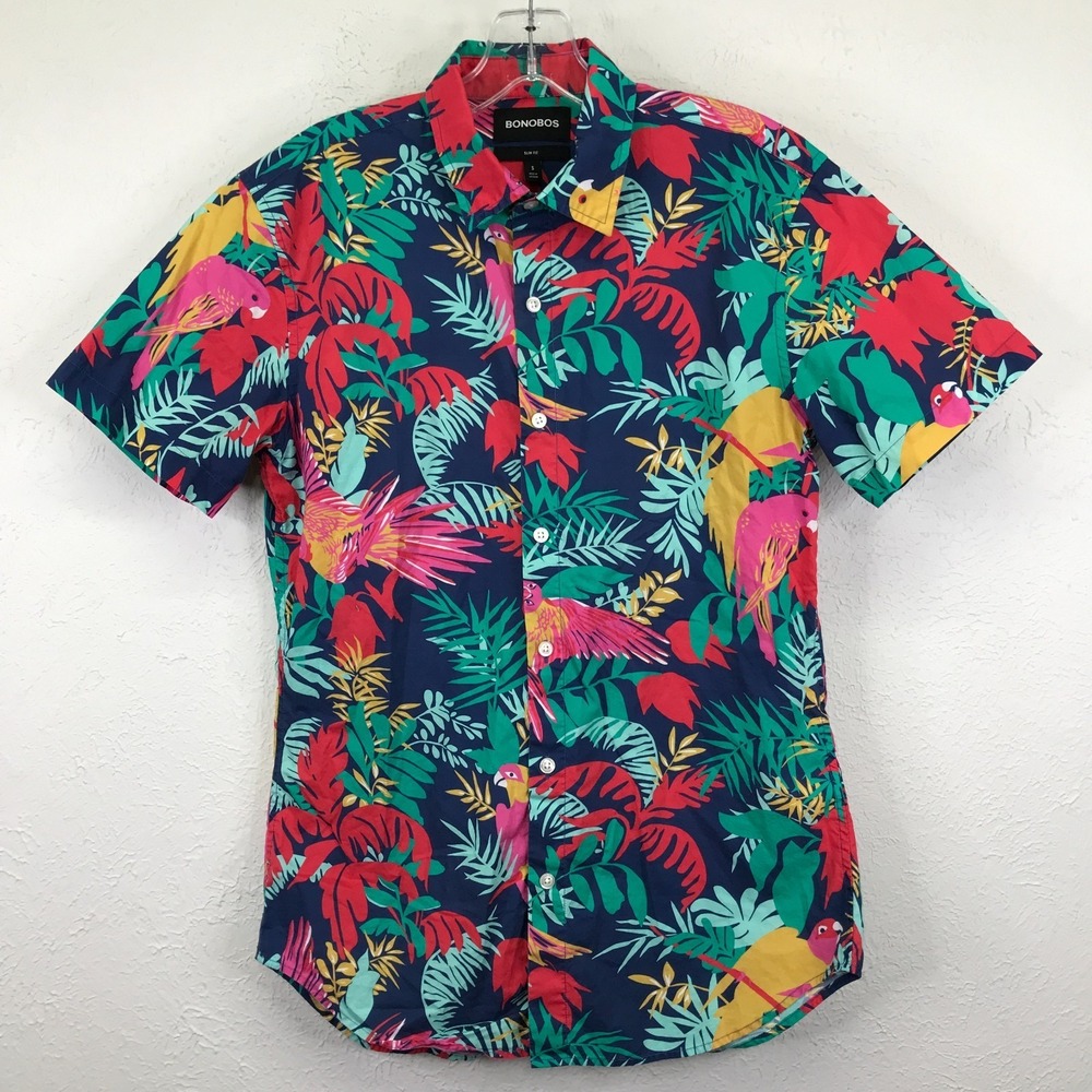 Bonobos Shirt Mens Slim Fit S Tropical Birds Print Blue Short Sleeve Button Up